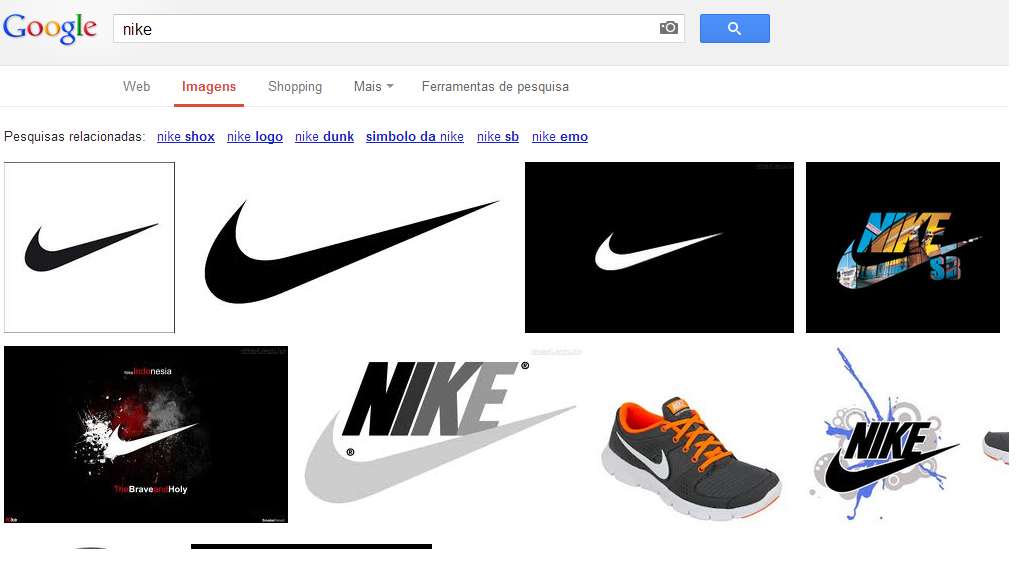 Busca realizada no mecanismo de busca Google, retorna imagens para a palavra chave NIKE Resultado orgânico do Google de imagens